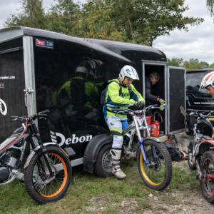 Debon Cargo 1300 van trailer in black with a host of chaps off trialling with their bikes
